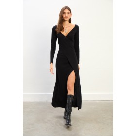 MICHELE Siyah Yırtmaçlı Triko Elbise