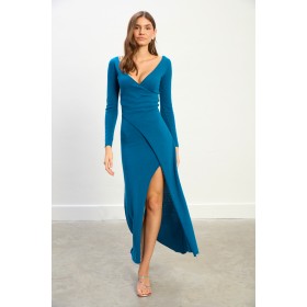 MICHELE Petrol Yırtmaçlı Triko Elbise